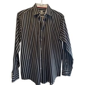 Bugatchi uomo‎ classic fit men's black/white long sleeve dress shirt size large